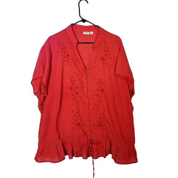 Cato Red Embroidered Floral V-Neck Ruffle Hem Top Womans Plus Size 26/28W - Picture 1 of 6